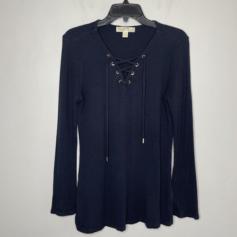 MICHAEL KORS Top Womens Small Navy Blue Waffle Knit Pullover Corset Tie Neck